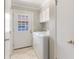 Clean laundry room featuring a washer and dryer with storage above and exterior access at 3823 Martin St, Orlando, FL 32806