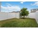 The backyard features a green lawn, a young tree and a privacy fence that surrounds the yard at 8573 Lamppost Ln, Orlando, FL 32832