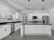 Well-lit kitchen features white cabinets, a central island, stainless appliances and dark countertops at 1365 Lake Dr, Casselberry, FL 32707