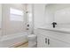 Modern bathroom with tub, tiled shower, and vanity with modern fixtures at 14953 Sw 38Th Cir, Ocala, FL 34473