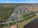 Aerial view showcasing a residential neighborhood with lakes, green spaces, and community features at 2142 Victoria Dr, Davenport, FL 33837