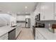 Modern kitchen with white cabinets, stainless steel appliances, an island with seating, and a view of the staircase at 3532 Douglas Fir Dr, Apopka, FL 32703
