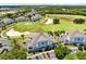 Aerial shot showcasing a blue and white condo building overlooking lush golf course at 7649 Heritage Crossing Way # 302, Reunion, FL 34747