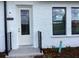 Close up of the front door of a new townhouse with a modern, minimalist design and black trim at 15483 Hamlin Park Drive, Winter Garden, FL 34787