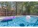 Relaxing screened-in pool with beach ball and floating raft is surrounded by lush landscaping at 1803 Glenbay Ct, Windermere, FL 34786