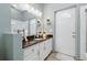 Bathroom featuring a vanity with a dark countertop, white cabinets, and a door to the outside at 392 Bayberry Dr, Polk City, FL 33868