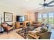 Bright living room with large windows, a ceiling fan, and views of the outdoors at 7409 Excitement Dr, Reunion, FL 34747