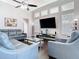 Cozy living room featuring a comfortable sectional sofa, ceiling fan and hardwood floors at 2332 Pond Cove Way, Apopka, FL 32712