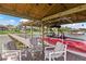 Covered boat dock with seating, lift, and boat, creating an ideal setup for lakefront living and recreation at 2501 Trentwood Blvd, Belle Isle, FL 32812