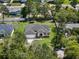 An aerial view of a modern home with solar panels, a well-manicured lawn, and a private backyard at 675 S Cedar Ave, Orange City, FL 32763