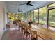Relaxing screened-in porch featuring a rustic dining table and wicker seating area at 29540 Deerwood Farms Rd, Sorrento, FL 32776