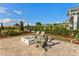 Backyard view of a brick patio with fire pit and chairs, overlooking green space and landscaping at 16018 Volterra Pt, Bella Collina, FL 34756