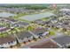 An aerial shot of a light blue townhome in a tranquil community surrounded by trees and ponds at 2214 Centerra Loop, Kissimmee, FL 34741