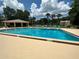 Large community swimming pool surrounded by lounge chairs, palm trees, and blue skies at 4800 S Semoran Blvd # 101, Orlando, FL 32822