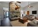 Inviting living room featuring a stone fireplace, hardwood floors, and comfortable seating at 700 Bear Shadow Ct, Longwood, FL 32779