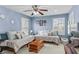Comfortable bedroom featuring daybeds, light blue walls, plantation shutters, and a ceiling fan, creating a relaxing atmosphere at 1065 Cavan Dr, Apopka, FL 32703