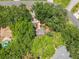 Aerial view of a home surrounded by mature trees, offering privacy and shade, and featuring a backyard pool at 2647 Lake Landing Blvd, Eustis, FL 32726