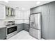Modern kitchen features stainless steel appliances, gray cabinets, a subway tile backsplash, and recessed lighting at 407 Sheryl Dr, Deltona, FL 32738