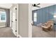 Bedroom with accent wall, rocking chair, ceiling fan, and carpet at 765 Terrapin Dr, Debary, FL 32713