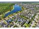 Aerial view of the neighborhood with homes nestled among trees, near a scenic lake, and surrounded by lush greenery at 13890 Sato Ave, Orlando, FL 32827