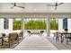 Inviting covered patio featuring comfortable seating, a dining table, and a tranquil view of the pool and bamboo garden at 1400 Nottingham St, Orlando, FL 32803