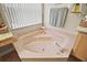 Close up of corner soaking tub with tile surround, silver fixtures, and window views at 2515 Wekiva Walk Way, Apopka, FL 32703