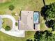 Aerial shot of the property with a screened-in pool and circular driveway surrounded by greenery at 3150 Sawgrass Ct, Kissimmee, FL 34746