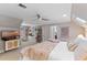 Bright bedroom with sloped ceilings, skylights, modern furnishings, and neutral decor at 9624 Bryanston Dr, Orlando, FL 32827
