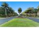 A symmetrical view of the community entrance road with palm trees, colorful flowers, and landscaped median at 970 Timberview Rd, Clermont, FL 34715