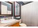 Stylish bathroom with a single sink vanity, large mirror, and a shower with a decorative shower curtain at 11506 Clair Pl, Clermont, FL 34711