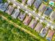 From above, capture neighborhood's attractive houses, manicured lawns, and orderly street layout, some with solar panels and private pools at 14001 Jomatt Loop, Winter Garden, FL 34787