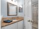 A bathroom featuring light blue walls, a granite countertop vanity, and a partially visible tiled shower stall at 145 Circle Hill Rd, Sanford, FL 32773