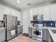 Well-lit kitchen with stainless steel refrigerator, gray lower and white upper cabinets, and modern backsplash at 2012 Gold Spring Cv, Kissimmee, FL 34743