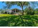 Green backyard featuring a large tree shading the grass and a view of the screened patio at 115 Crescent Moon Dr, Groveland, FL 34736