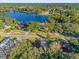 Aerial view showcasing the home's location near a serene lake, mature trees, and beautiful landscaping in a neighborhood at 216 Shady Oaks Cir, Lake Mary, FL 32746