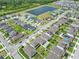 Aerial view of a neighborhood featuring modern homes, a community pool and a lake at 2730 Parkfield Rd, St Cloud, FL 34772