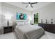 Bedroom with a large bed, modern decor, and a window overlooking the lush backyard at 18026 Reynolds Pkwy, Orlando, FL 32833