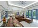 Expansive living room featuring a comfortable leather sectional, open floor plan, and seamless access to outdoor patio at 18026 Reynolds Pkwy, Orlando, FL 32833