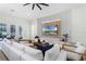 Bright living room with sleek ceiling fan, entertainment center and lots of comfortable seating at 18026 Reynolds Pkwy, Orlando, FL 32833