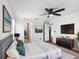 Spacious main bedroom featuring a modern ceiling fan, ensuite bathroom, and hardwood floors at 241 Churchill Ct, Kissimmee, FL 34758