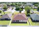 Aerial view of home, showcasing roof, yard, screened patio, fence, and surrounding neighborhood at 36300 Grand Island Oaks Cir, Grand Island, FL 32735