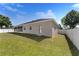 Spacious backyard featuring a well-maintained lawn, a screened-in porch, privacy fence, and a neutral toned home exterior at 36300 Grand Island Oaks Cir, Grand Island, FL 32735