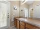 Bathroom featuring a vanity, large mirror, neutral paint and direct access to the backyard at 36300 Grand Island Oaks Cir, Grand Island, FL 32735
