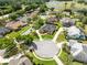 Beautiful aerial view of the houses on a cul-de-sac surrounded by lush greenery and a lake at 421 Thomez Ct, Lake Mary, FL 32746