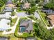 Aerial view of home showing backyard with pool, patio, and fire pit in a cul-de-sac at 421 Thomez Ct, Lake Mary, FL 32746