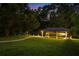Illuminated covered boat dock on the water with a green boat and adjacent walkway nestled in a verdant lawn at 10849 Emerald Chase Dr, Orlando, FL 32836
