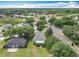 A wide aerial view shows a neighborhood and a charming home with mature landscaping and trees under a partly cloudy sky at 1961 Lochshyre Loop, Ocoee, FL 34761
