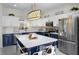 Modern kitchen with stainless appliances, white countertops, and navy blue cabinets at 2712 Lido Key Dr, Kissimmee, FL 34747