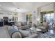 Open-concept living room flowing to modern kitchen and screened patio overlooking backyard at 2712 Lido Key Dr, Kissimmee, FL 34747