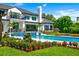 Lush backyard with a sparkling pool, well-manicured lawn, and vibrant flowerbeds complementing the modern home at 570 Manor Rd, Maitland, FL 32751